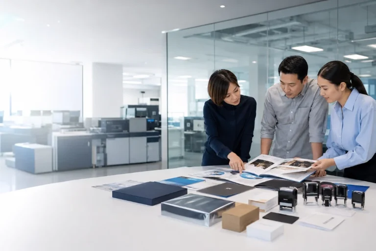 Experienced commercial printing professionals reviewing premium printed materials, packaging samples and self-inking company stamps in a modern Singapore print production office.